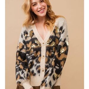 Animal Print Sequin Embellished Cardigan Sweater - Cream and Brown